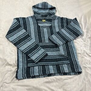 Vintage Iguana Jack Pullover Baja Hoodie Womens‎ XS Knit Pockets Striped Blue